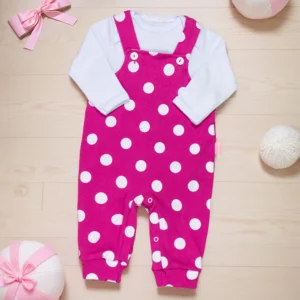 Jardineira Longa com Body - Poá Pink
