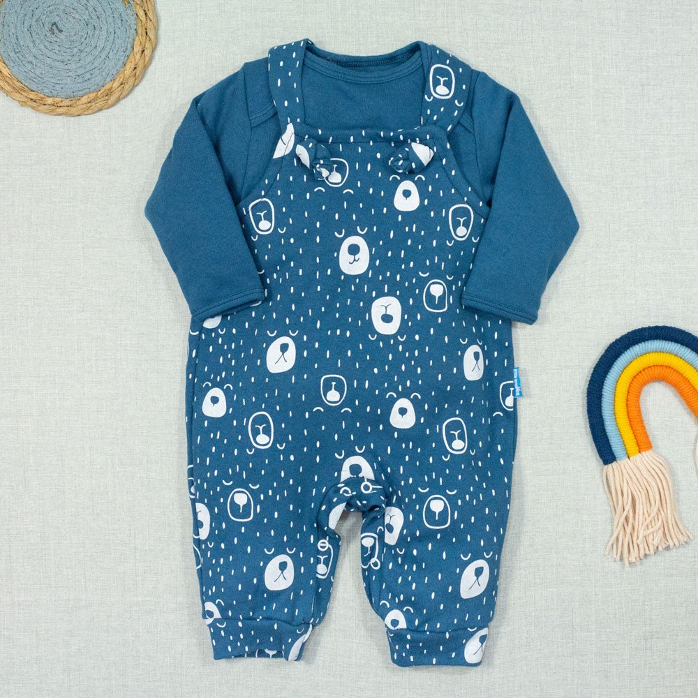 Jardineira Longa com Body - Urso Azul