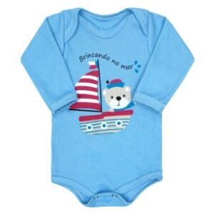 Body Bebê Masculino Manga Longa Canelado Azul Brincando no Mar