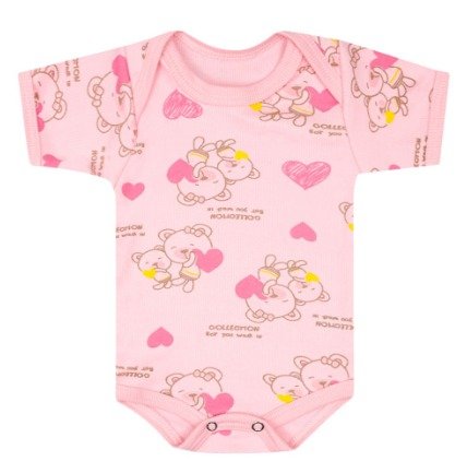 Body Bebê Feminino Manga Curta Canelado Rosa Ursa Coração