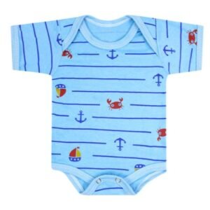 Body Bebê Masculino Manga Curta Meia Malha Azul Caranguejinho Âncora