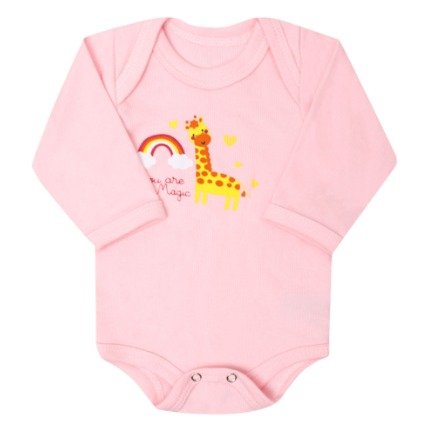 Body Feminino Manga Longa Canelado Rosa Girafinha