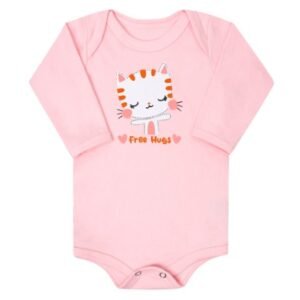 Body Feminino Manga Longa Canelado Rosa Gatinha Abraços