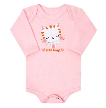 Body Feminino Manga Longa Canelado Rosa Gatinha Abraços
