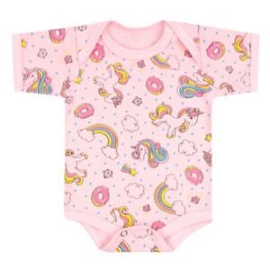 Body Bebê Feminino Manga Curta Meia Malha Rosa Doce Unicórnio