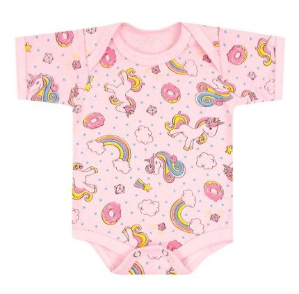 Body Bebê Feminino Manga Curta Meia Malha Rosa Doce Unicórnio