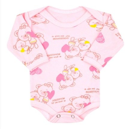Body Feminino Manga Longa Rosa Ursa Coração