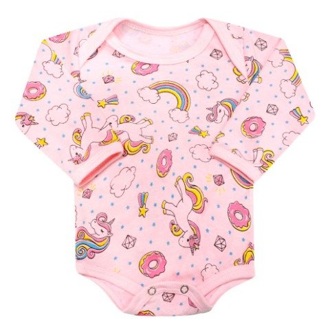 Body Bebê Feminino Manga Longa Meia Malha Rosa Doce Unicórnio
