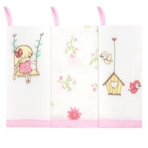 Kit Toalha de Boca Bebê Feminino com Prendedor Rosa e Branco Bordado Flores (3 unidades)