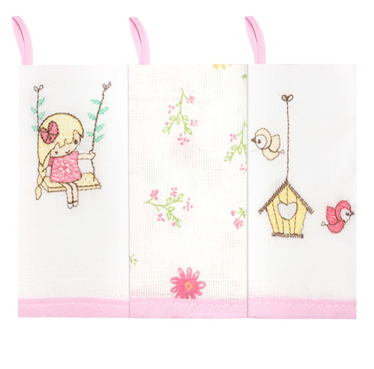 Kit Toalha de Boca Bebê Feminino com Prendedor Rosa e Branco Bordado Flores (3 unidades)