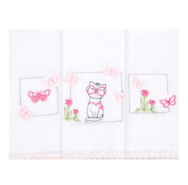 Kit Toalha de Boca Bebê Feminino Branco e Rosa Gatinha (3 Unidades)