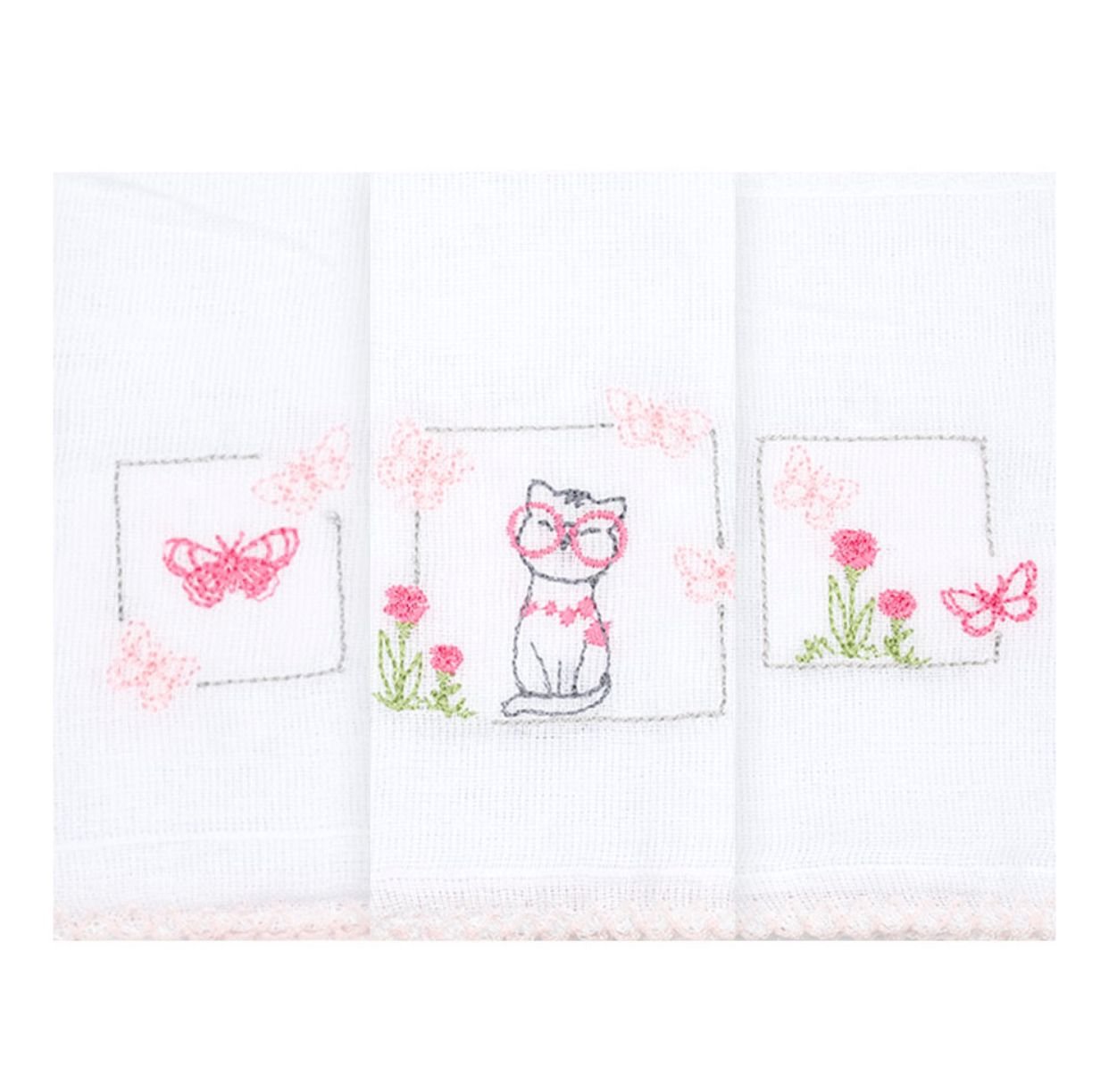Kit Toalha de Boca Bebê Feminino Branco e Rosa Gatinha (3 Unidades)