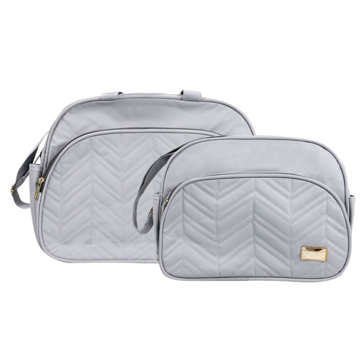 Conjunto Bebê Bolsa e Frasqueira Cinza Chevron Zig Zag