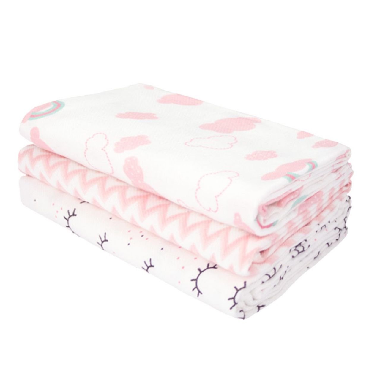 Kit Cueiro Bebê Flanelado Branco Feminino Cílios, Listras Zig-Zag e Nuvens (3 unidades)