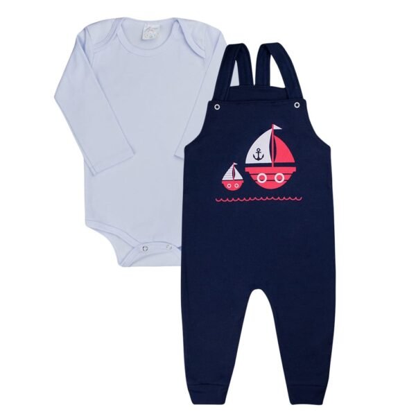 Conjunto Body Manga Longa é Jardineira - Barquinhos