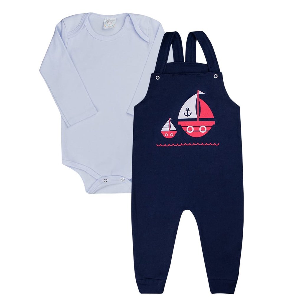 Conjunto Body Manga Longa é Jardineira - Barquinhos