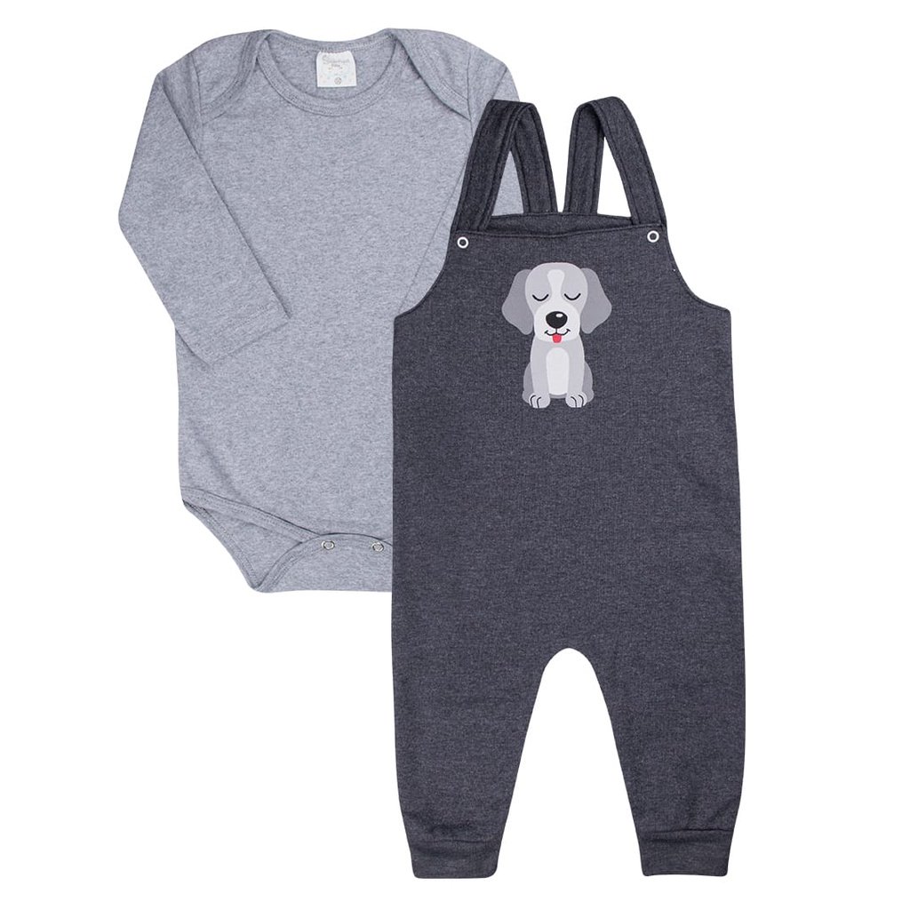 Conjunto Body Manga Longa é Jardineira - Cachorrinho