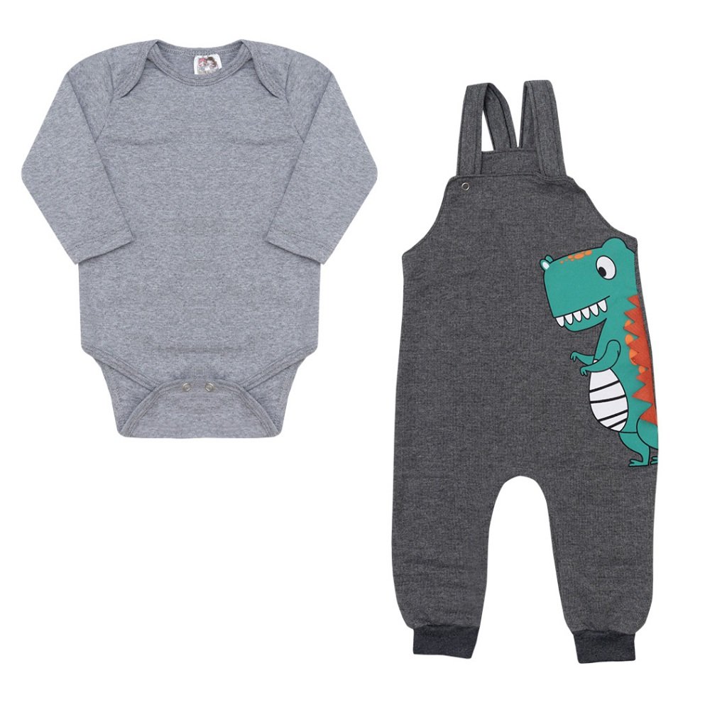 Conjunto Body Manga Longa é Jardineira - Dino Dino