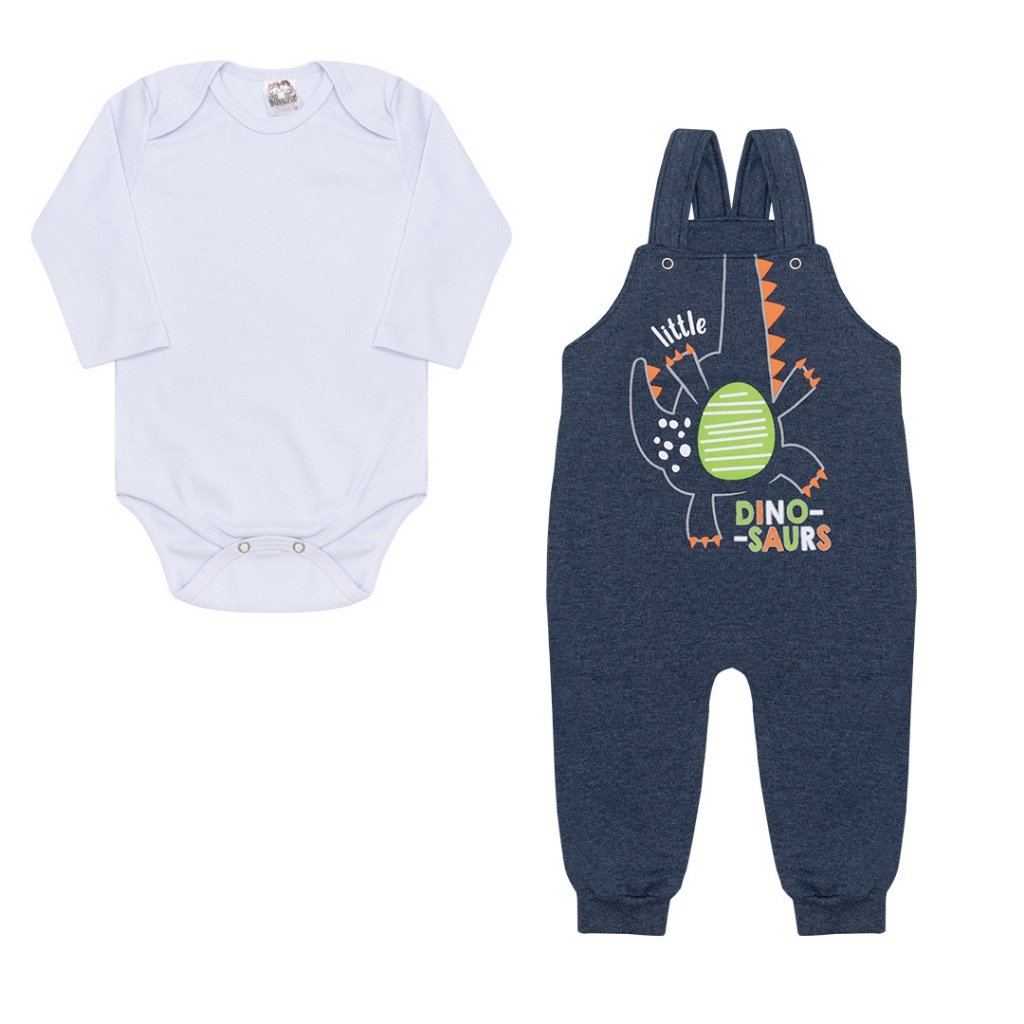 Conjunto Body Manga Longa é Jardineira - Dino-Saurs