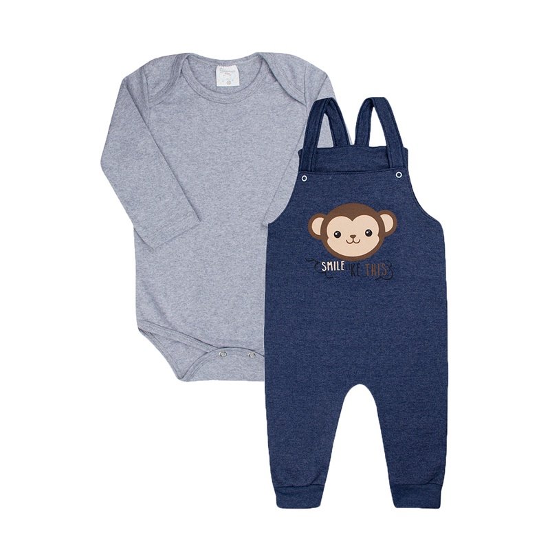 Conjunto Body Manga Longa é Jardineira - Macaquinho Smiles