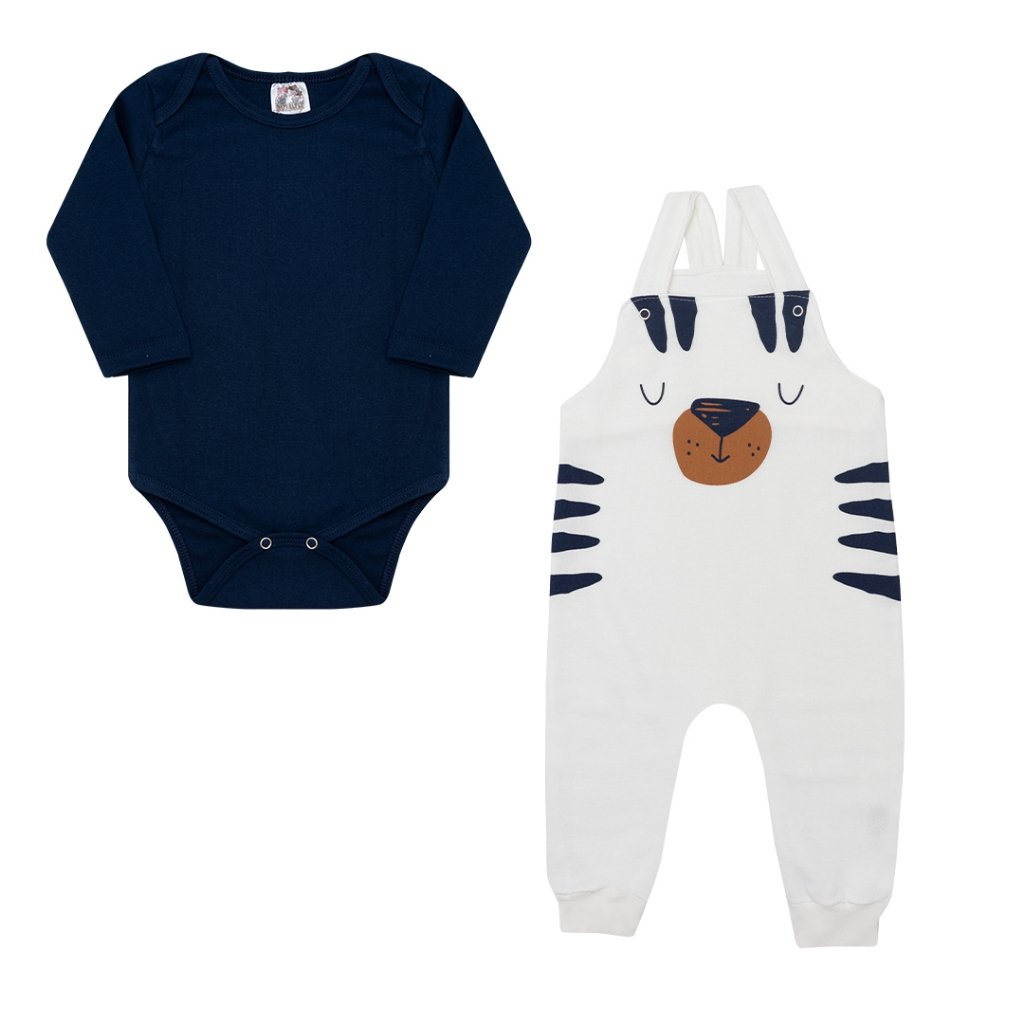 Conjunto Body Manga Longa é Jardineira -  Off Cachorrinho