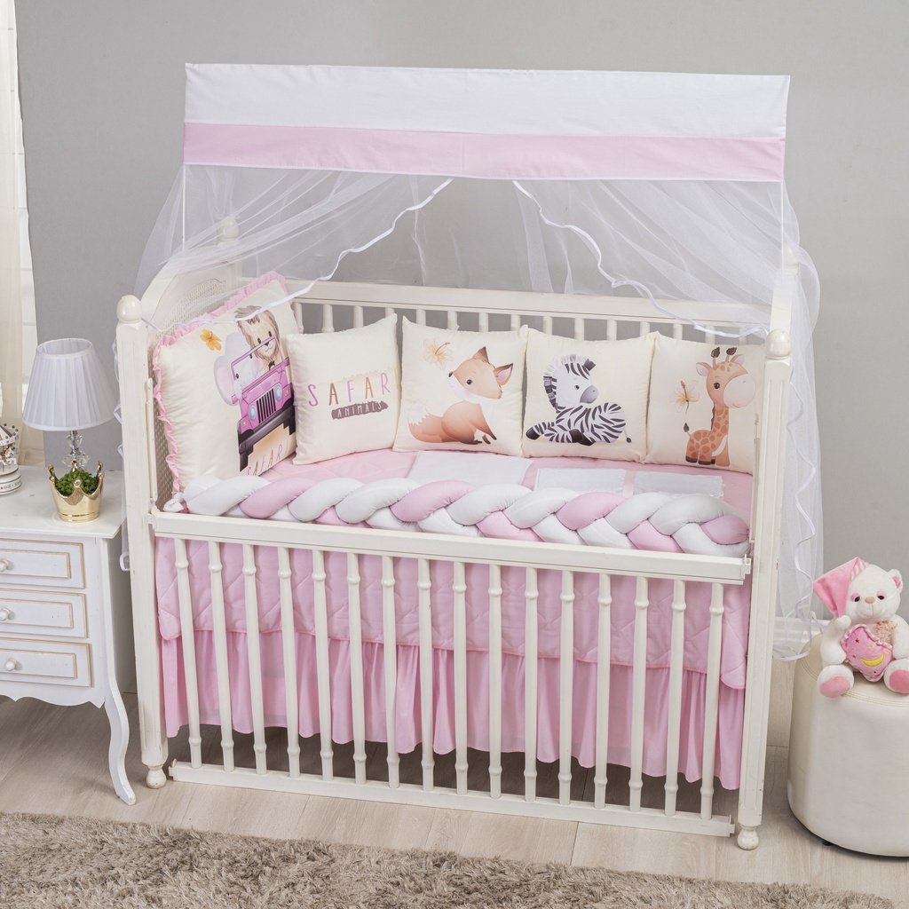 Kit Enxoval Sublimado Almofadas Amiguinhos 12pçs+ Saia brinde - Rosa Bichinhos
