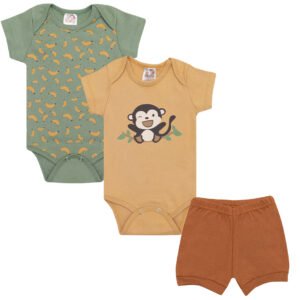 Kit bebê 3 peças 2 Bodys 1 Shorts - Safari