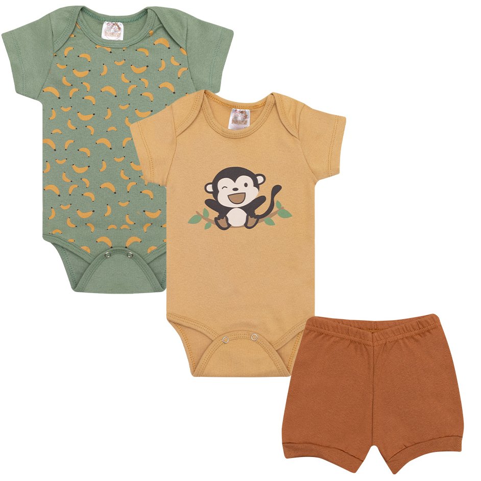 Kit bebê 3 peças 2 Bodys 1 Shorts - Safari