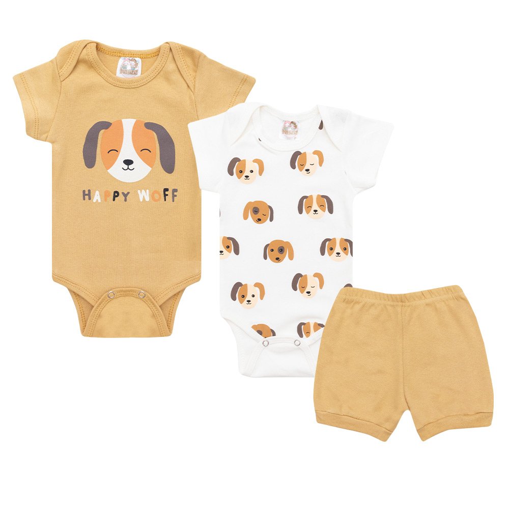 Kit bebê 3 peças 2 Bodys 1 Shorts - Cachorro