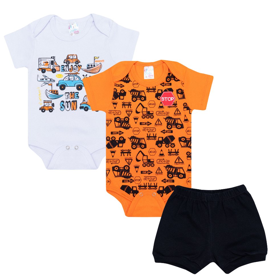 Kit bebê 3 peças 2 Bodys 1 Shorts - Cachorrinhos