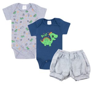 Kit bebê 3 peças 2 Bodys 1 Shorts - Dino Dino
