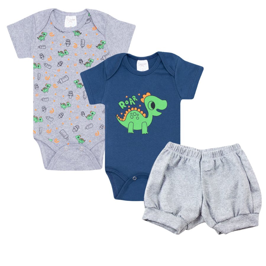 Kit bebê 3 peças 2 Bodys 1 Shorts - Dino Dino
