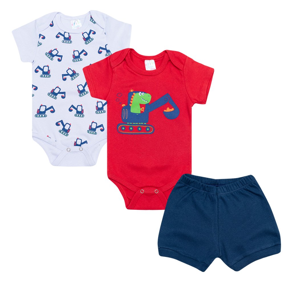 Kit bebê 3 peças 2 Bodys 1 Shorts - Dino