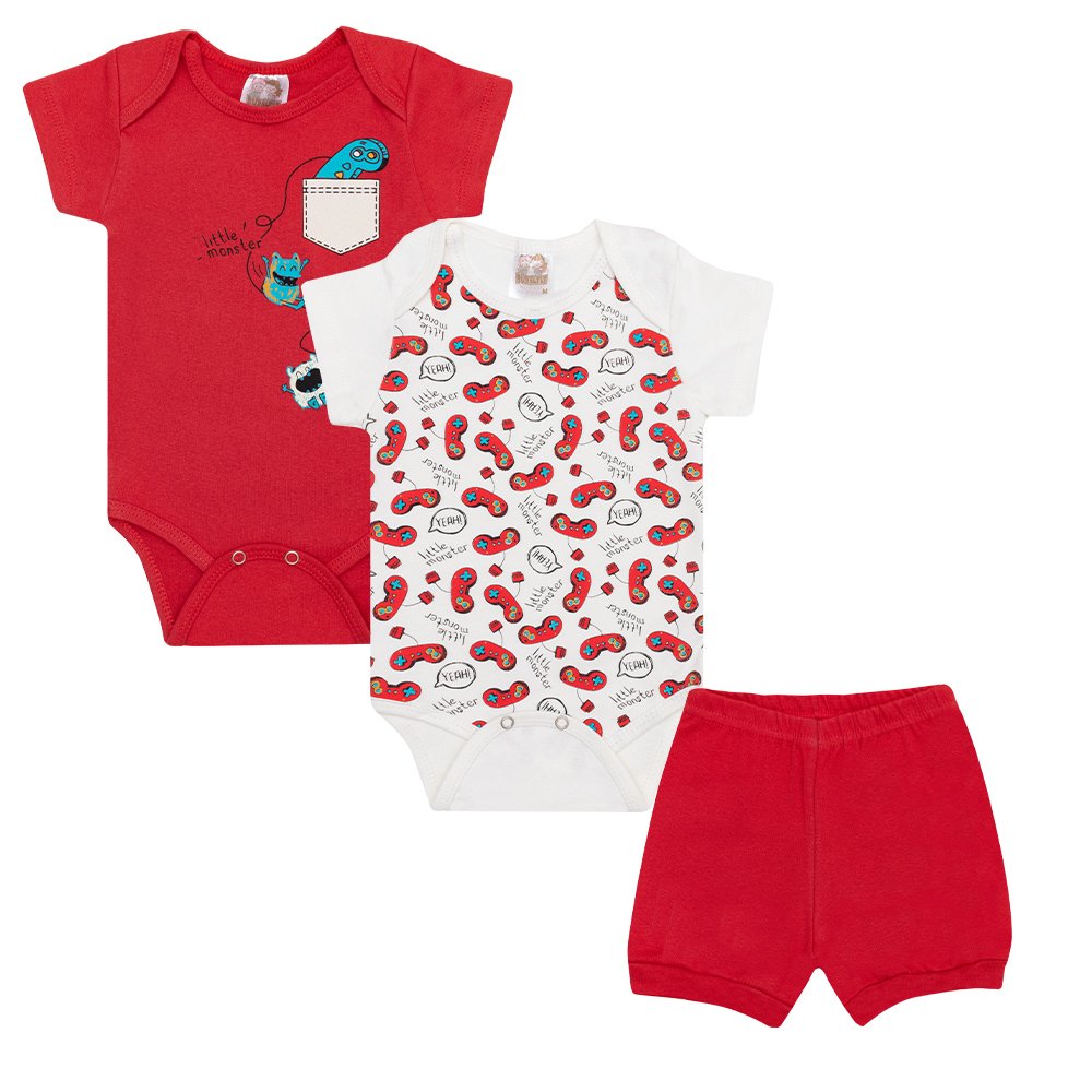 Kit bebê 3 peças 2 Bodys 1 Shorts  - Gamer
