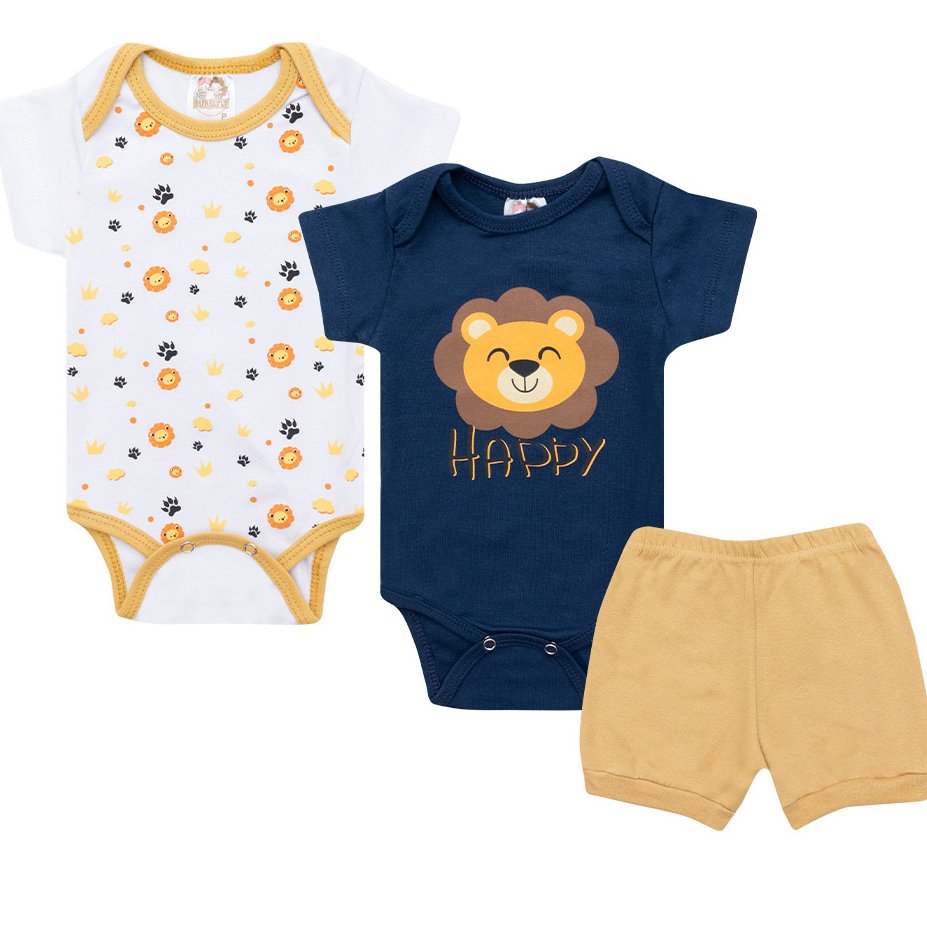 Kit bebê 3 peças 2 Bodys 1 Shorts - Leão
