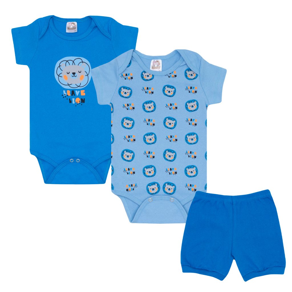 Kit bebê 3 peças 2 Bodys 1 Shorts - Lion