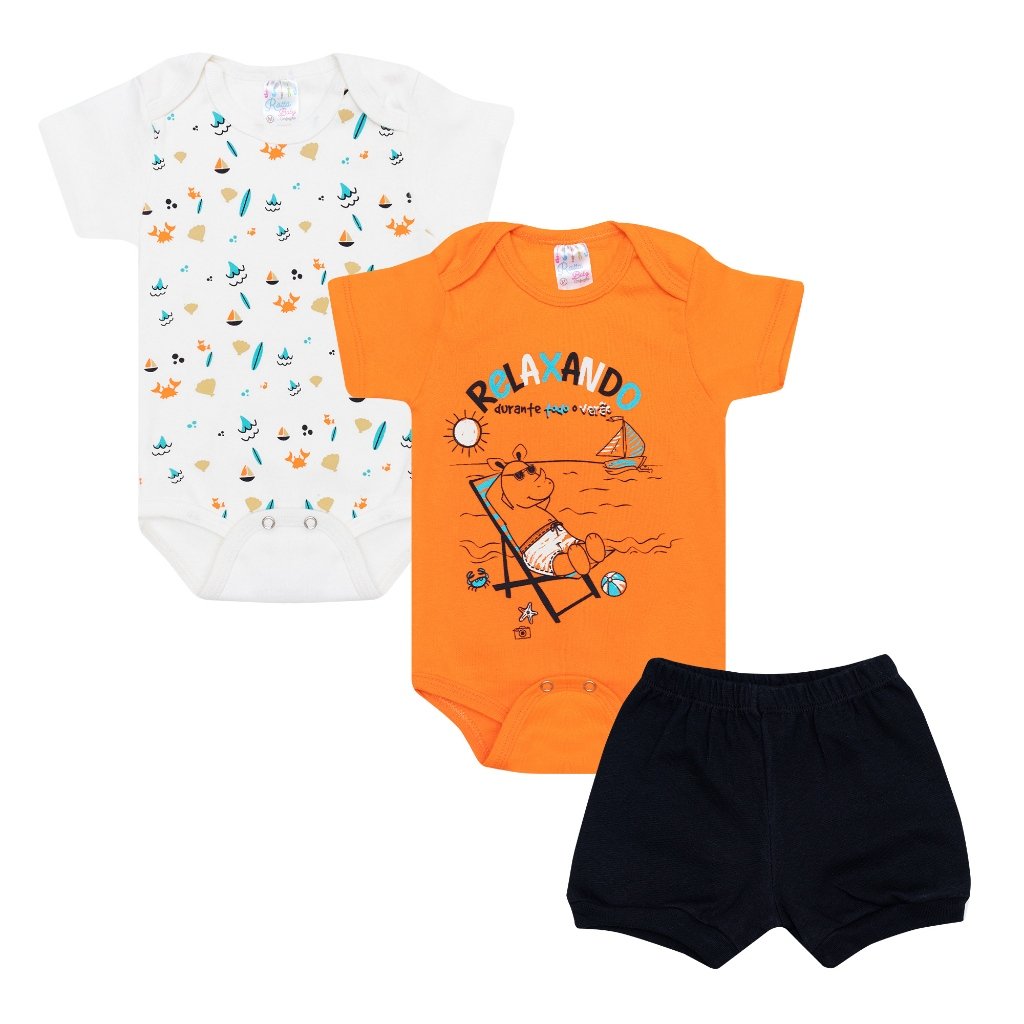 Kit bebê 3 peças 2 Bodys 1 Shorts - Relaxando