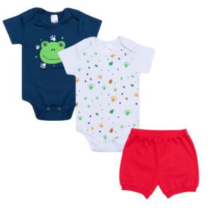 Kit bebê 3 peças 2 Bodys 1 Shorts - Sapinho