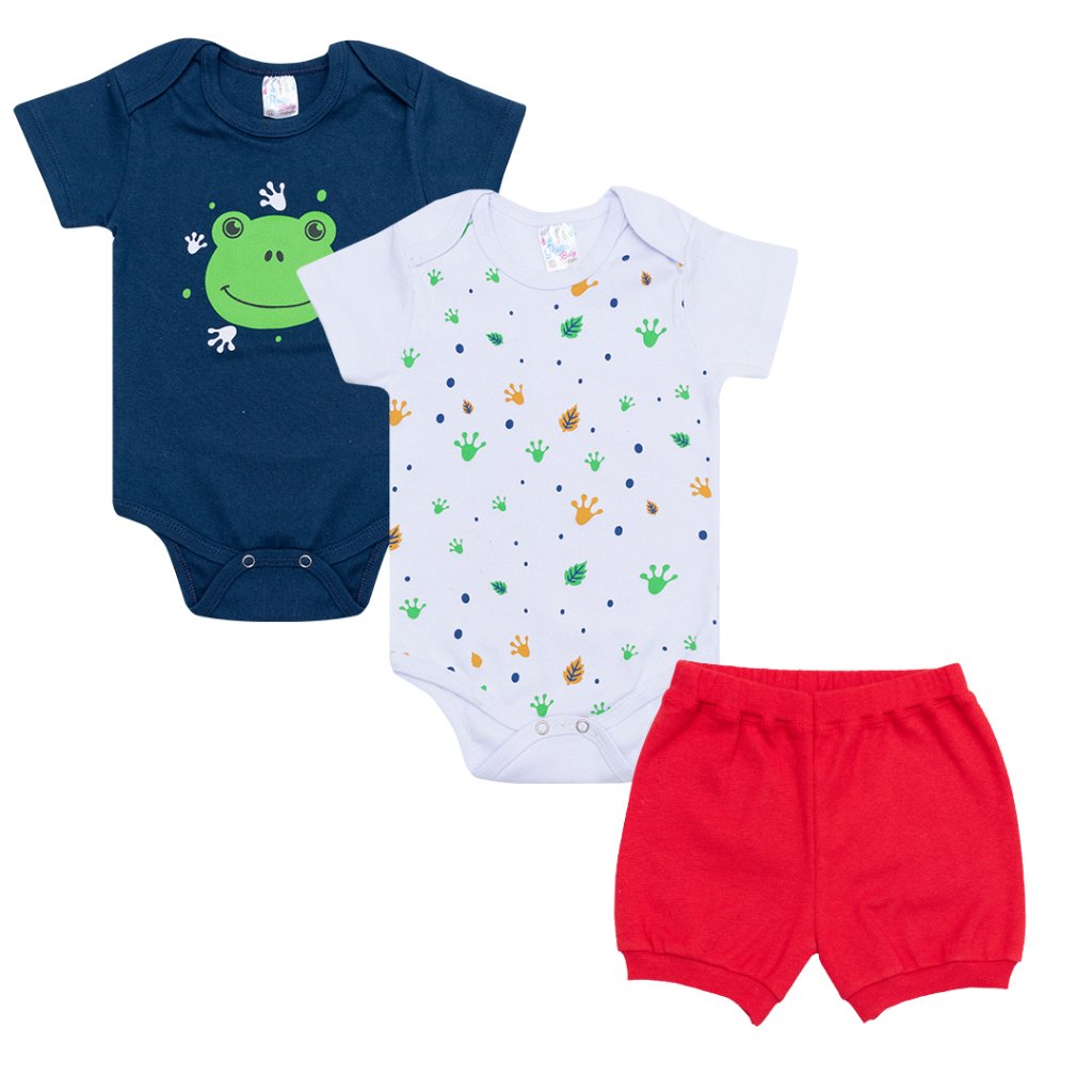 Kit bebê 3 peças 2 Bodys 1 Shorts - Sapinho