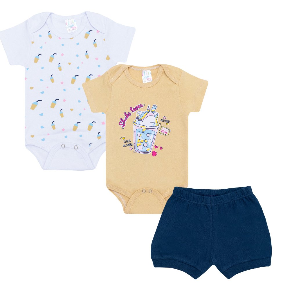 Kit bebê 3 peças 2 Bodys 1 Shorts - Shake