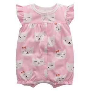 Macacão bebê curto de algodão estampado - Gatinha Rosa