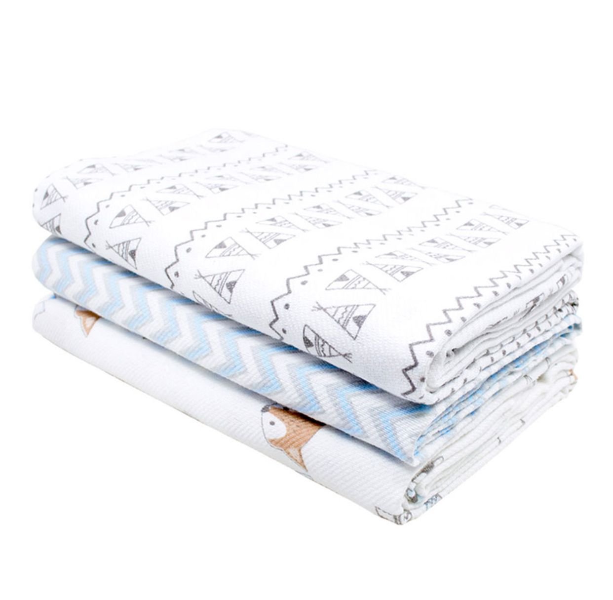 Kit Cueiro Bebê Flanelado Branco Masculino Raposinha, Listras Zig-Zag e Cabanas (3 unidades)