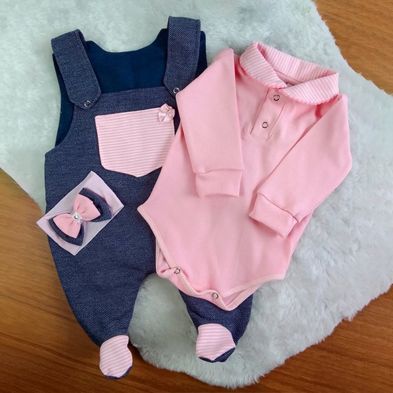 Conjunto Jardineira e Body Manga Longa - Chiquinha 03 peças
