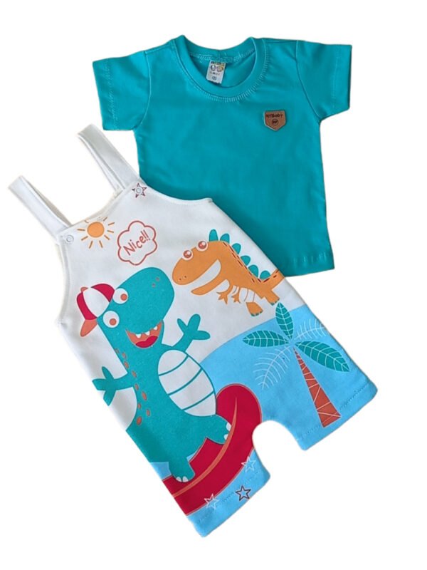 Conjunto Jardineira e Camisa Dino - Verde Agua