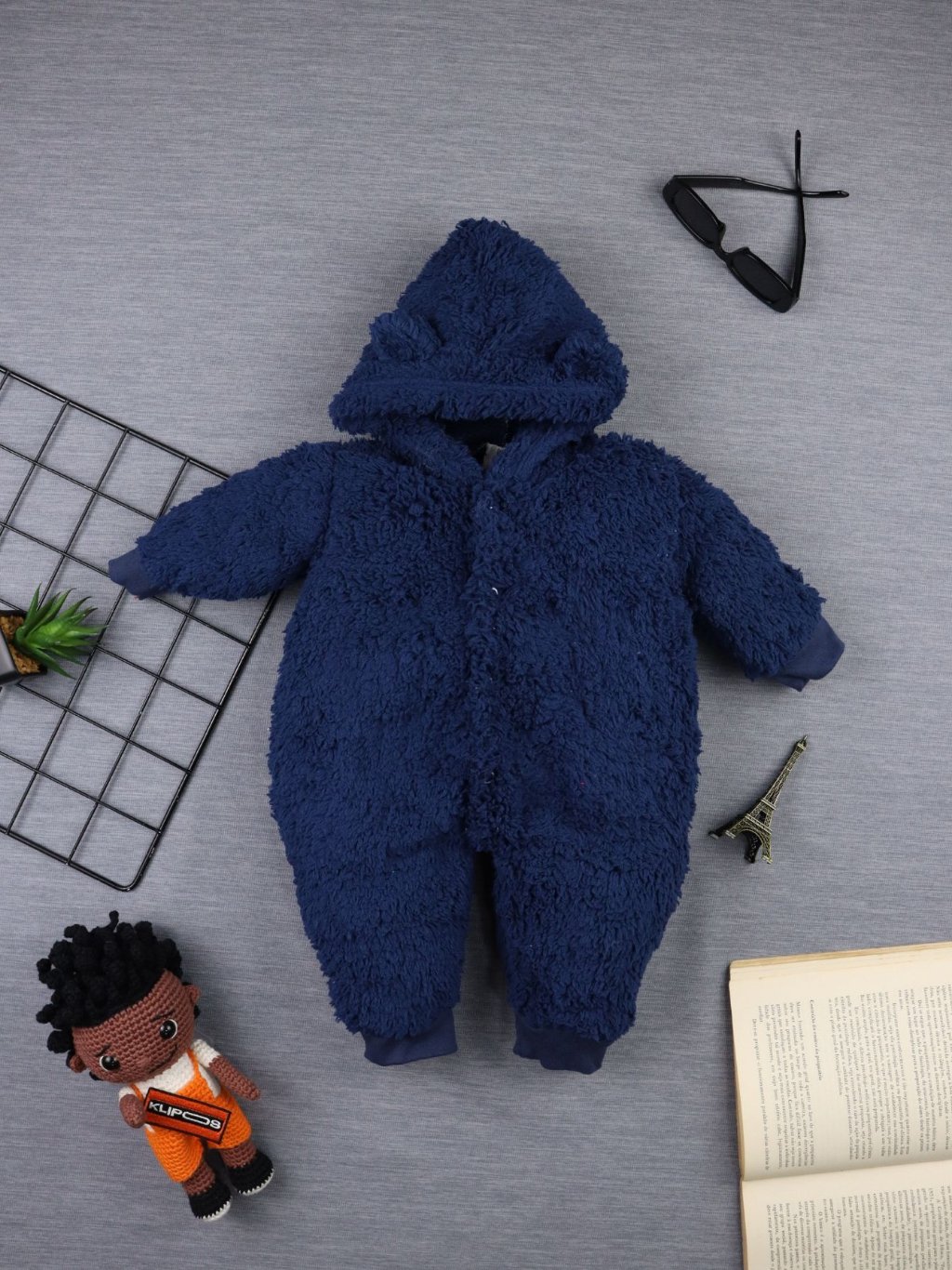 Macacão Teddy Com Orelha no Capuz - Azul Marinho