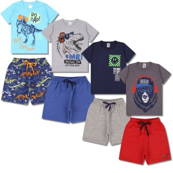 Kit 4 Conjuntos de Camisa e Shorts Sortidos - Dino/Dino/Smile/Urso