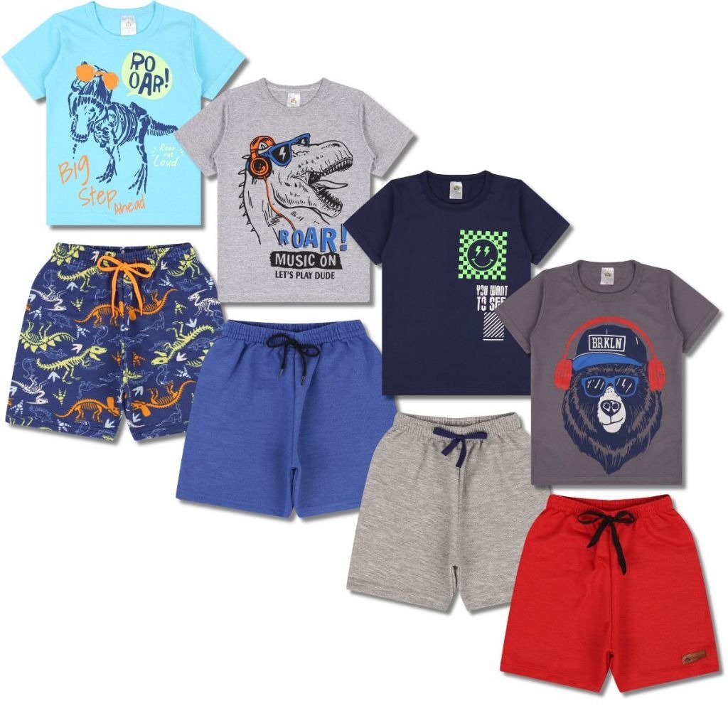 Kit 4 Conjuntos de Camisa e Shorts Sortidos - Dino/Dino/Smile/Urso
