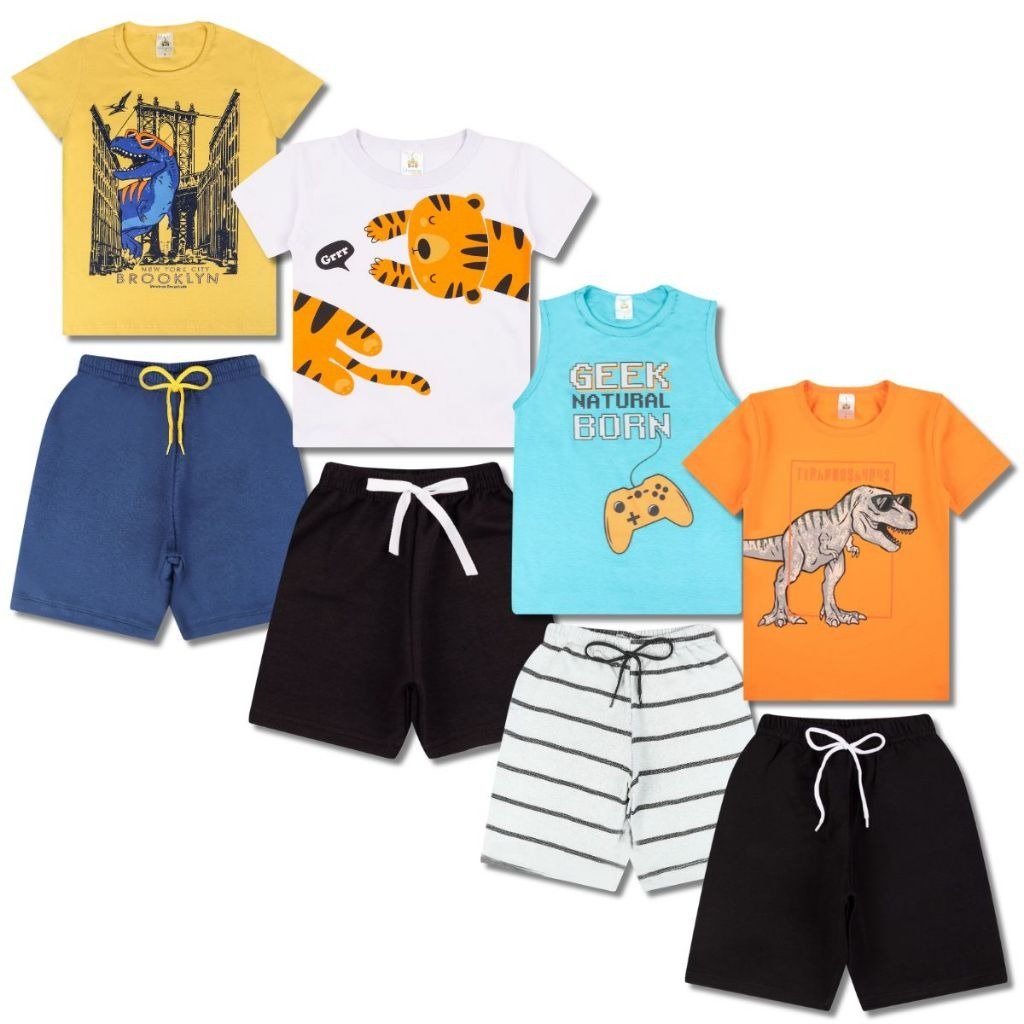 Kit 4 Conjuntos de Camisa e Shorts Sortidos - Dino/Tigre/Gamer/Dino