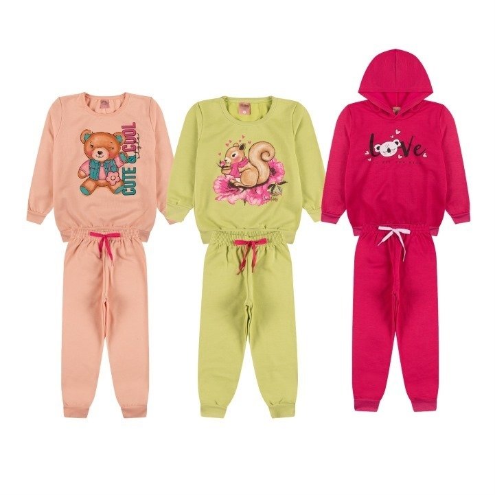 Kit 3 Conjuntos Blusa e Calça - Urso/Esquilo/Love