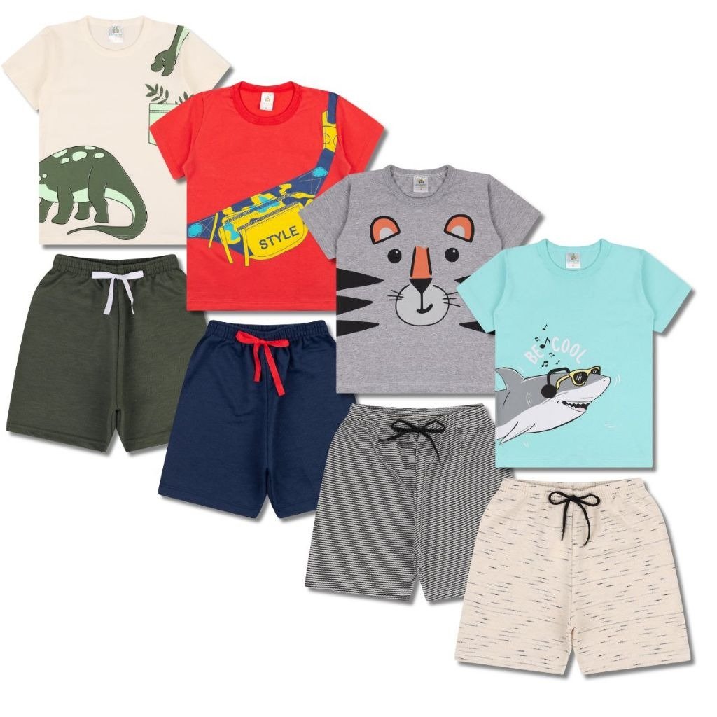 Kit 4 Conjuntos de Camisa e Shorts Sortidos - Dino/Style/Tigre/Tubarão